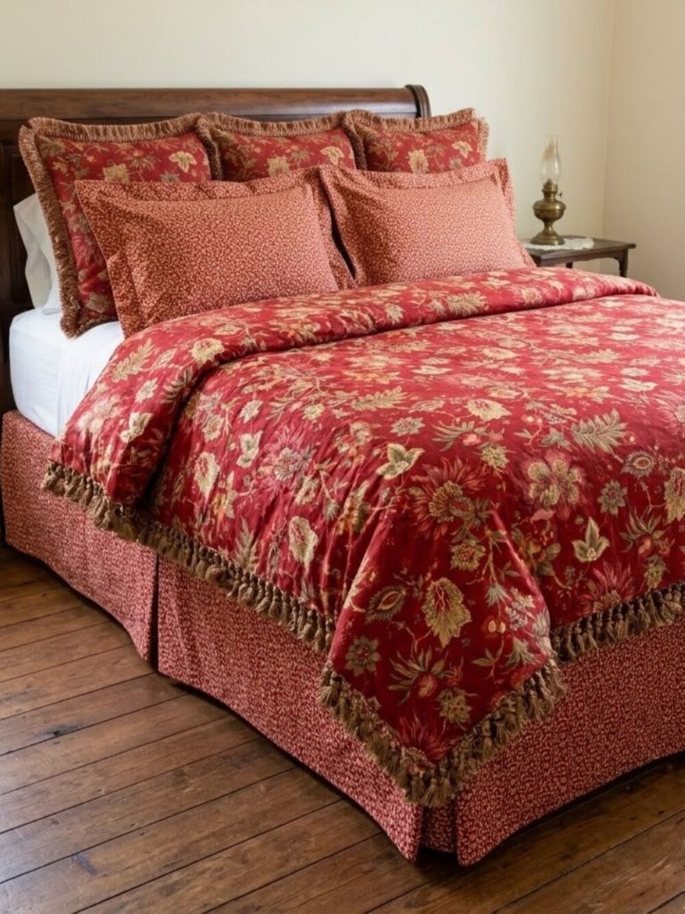 Mario & Marielena 7 Piece Queen Duvet Set Red Floral Antique Style with Fringe